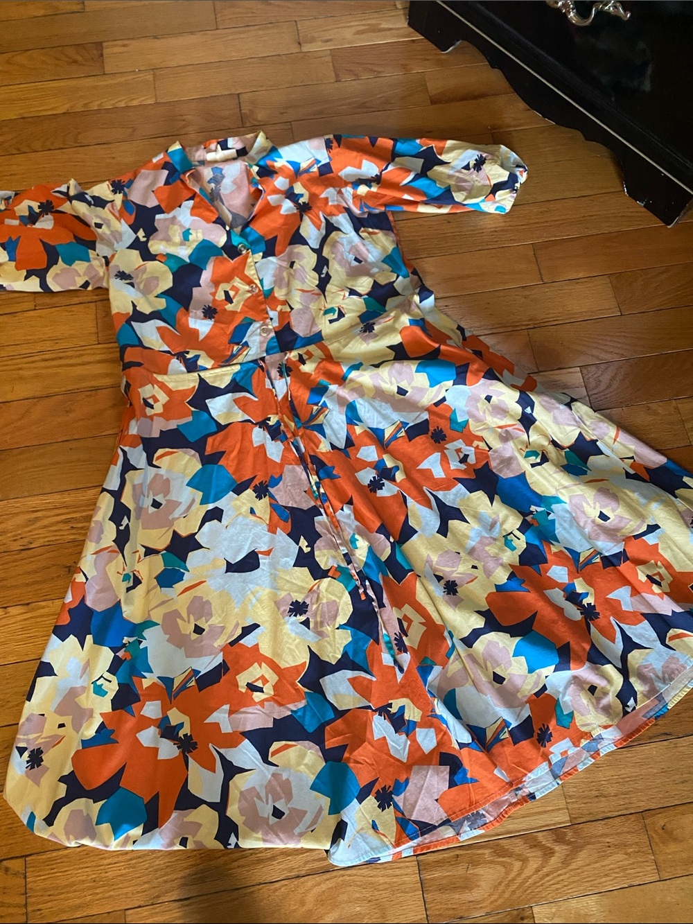 Seven7 Bold Floral Wrap Midi Dress in Orange, Blue, Cream, Navy